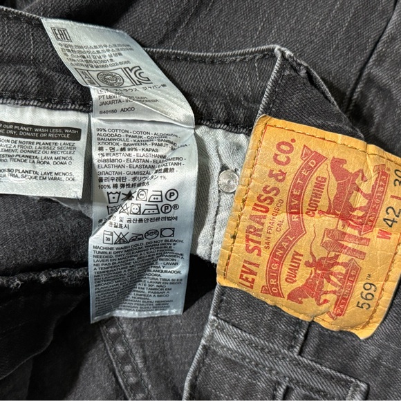 Levis 569 Mens 42x27 Loose Fit Straight Leg Black Dark Wash Denim Jeans - Picture 6 of 11